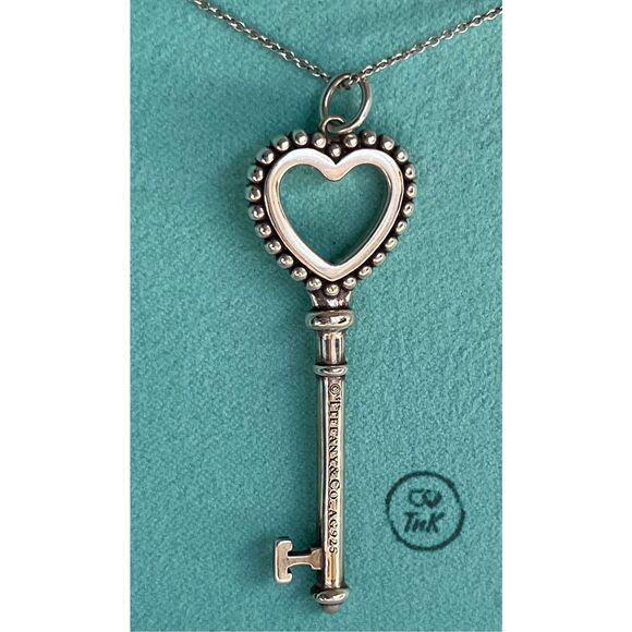 Tiffany & Co Large 2" Teal Blue Enamel Heart Beaded Trefoil Key Charm Pendant Ne - Picture 11 of 16